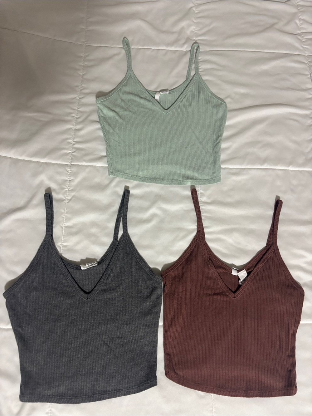 3 pack Tilly’s Ribbed V-Neck Tank Tops - Mint, Charcoal, Coffee